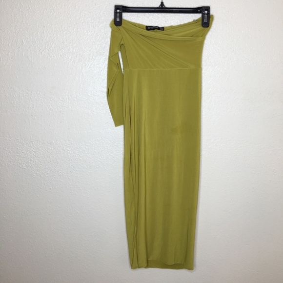 NWT PrettyLittleThing Shape Chartreuse Slinky One Shoulder Wrap Midi Dress 2 - Picture 4 of 6